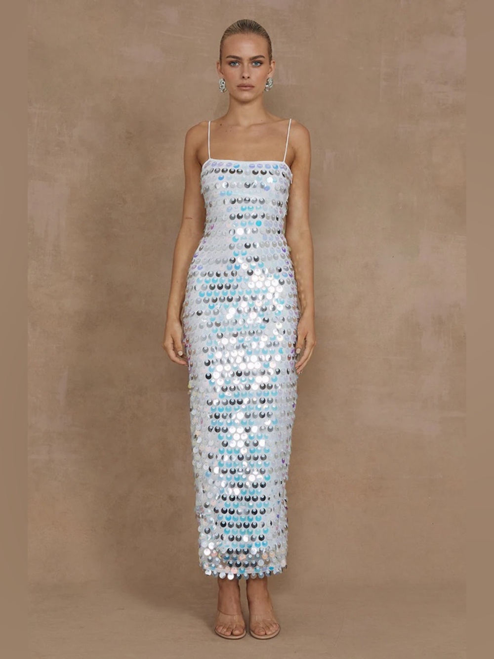 Runaway The Label Iridescent White Sequin Spaghetti-Strap Midi Dress M